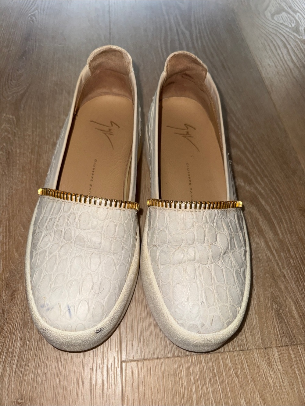 Giuseppe Zanotti White Croc-Embossed Slip-On Flats with Gold Trim